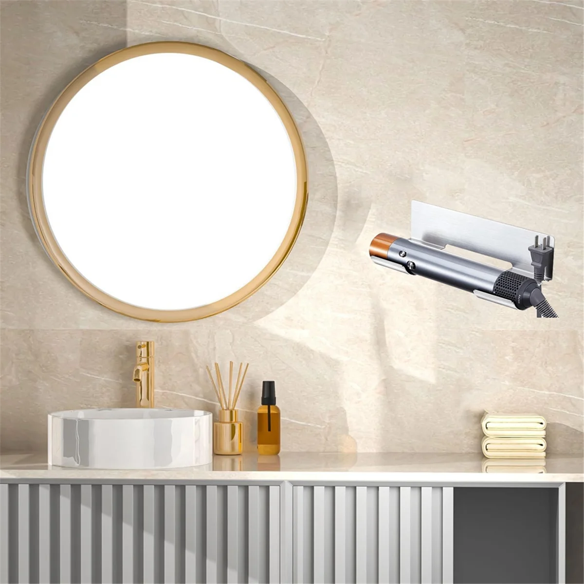 A72P حامل تخزين أدوات الشعر، حامل مجفف الشعر، منظم أدوات الشعر، حامل مجفف الشعر للحمام، مثبت على الحائط، ذاتي اللصق #4