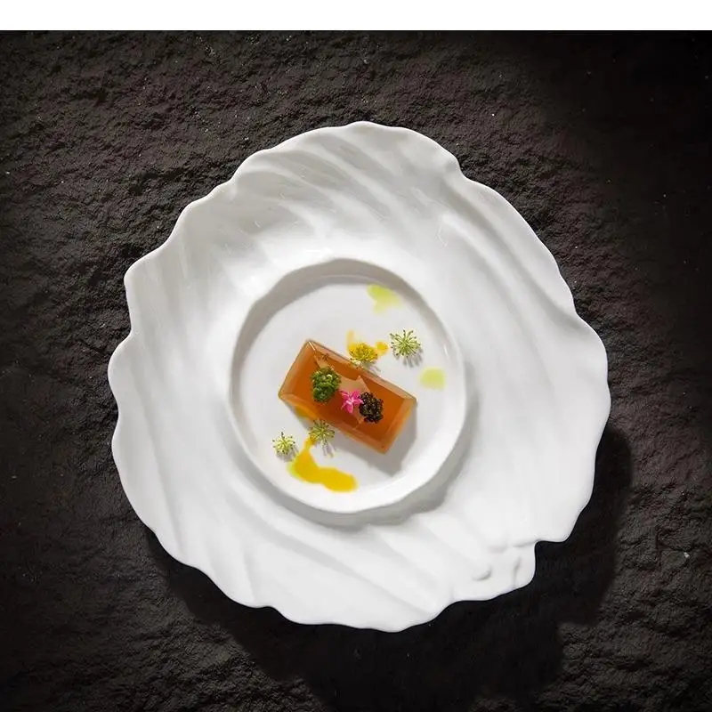 Irregular Texture Ceramic Dinner Plate Restaurant Specialty Dessert Sushi Snack Plates Pure White Tableware view 3