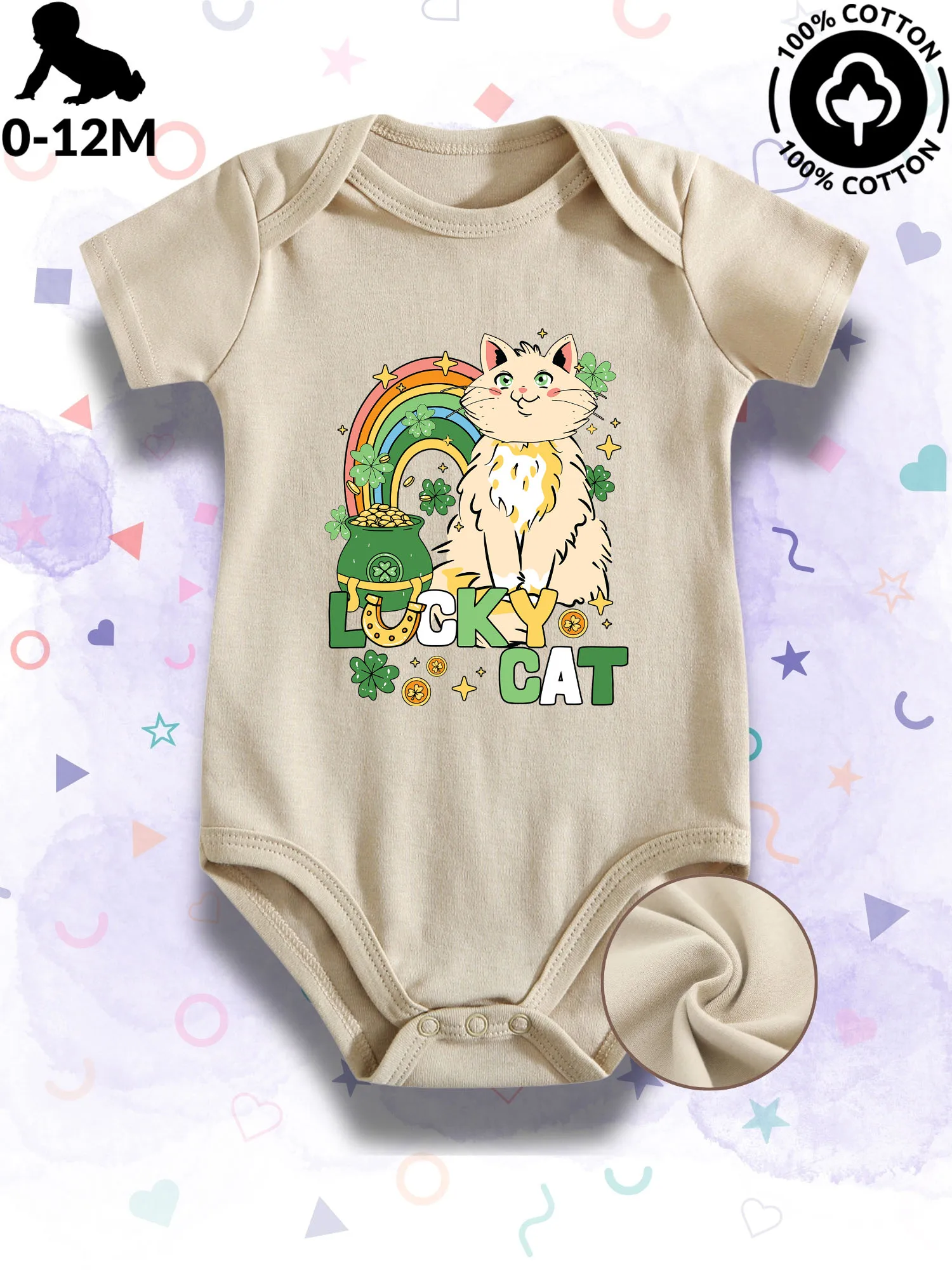 St. Patrick Lucky Cat Unisex Baby Bodysuit, 100% Cotton Soft Onesie, All-Season Wear Beige Crawling Suit 190GSM