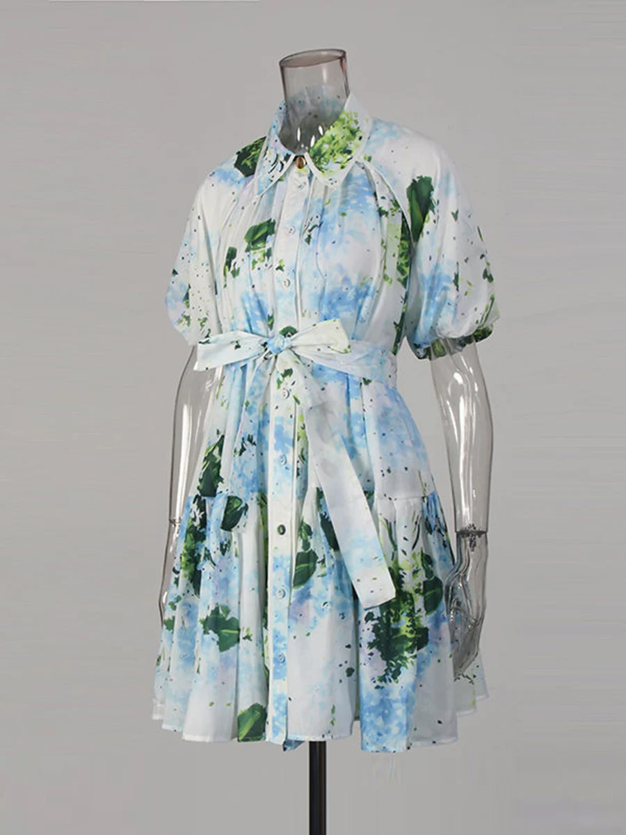 CHICEVER Hit couleur épissé à lacets Chic robe femme revers manches courtes ample vacances voyage femmes robes été mode nouveau