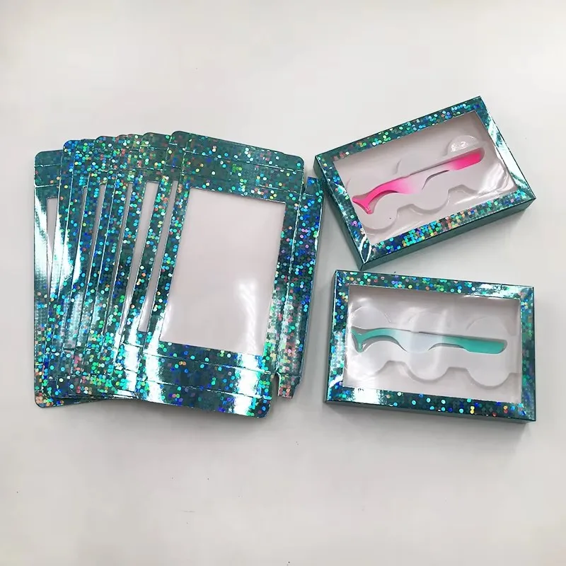 

3 Pairs Lash Box with Lash Tweezer Holographic Color Eyelash Packaging pink blue and red color