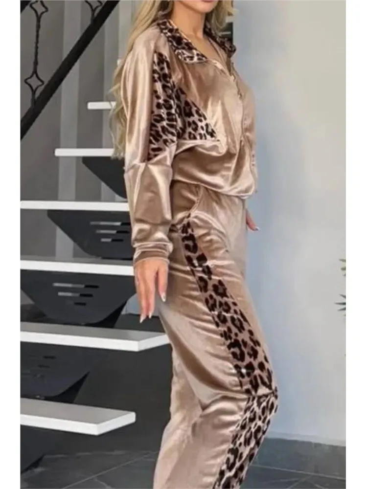 

Spring Leopard Print Contrast Color Long-sleeved Top Wide-leg Trousers Two-piece Set Women's Personality Street Casual Suit