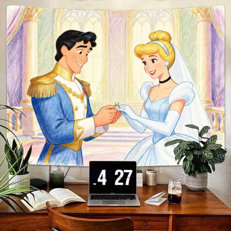 

1PC Disney Cinderella Prince Charming Romantic Tapestry Polyester Wall Art Bedroom Living Room Wedding Decor Gift for Princess F