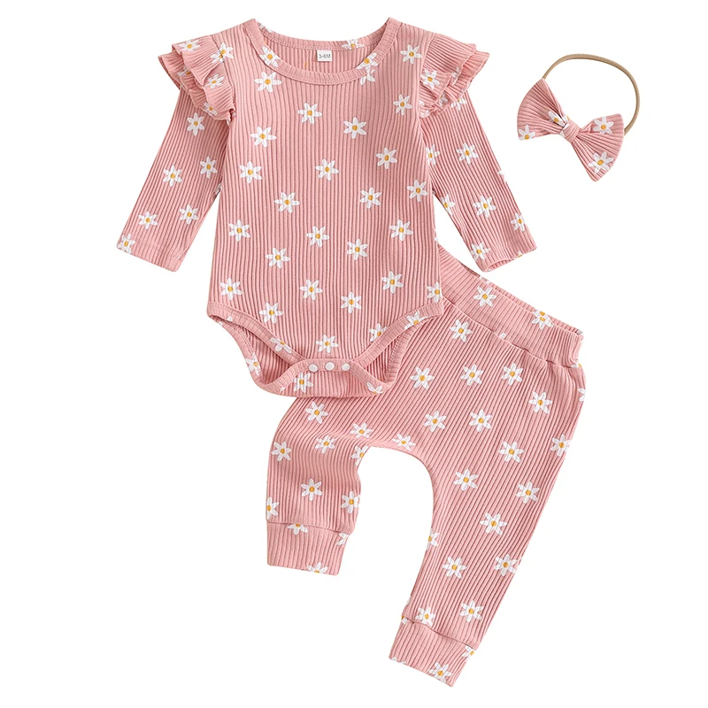 

Baby Girls Floral Outfit Long Sleeve Romper with Pants and Bowknot Headband Clothing Set