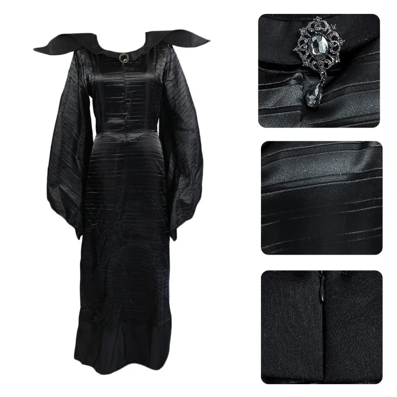 Vestido de bruxa rainha má feminino, vestido longo preto deluxe, traje de festa de Halloween com chapéu de chifre e chapéu plus size