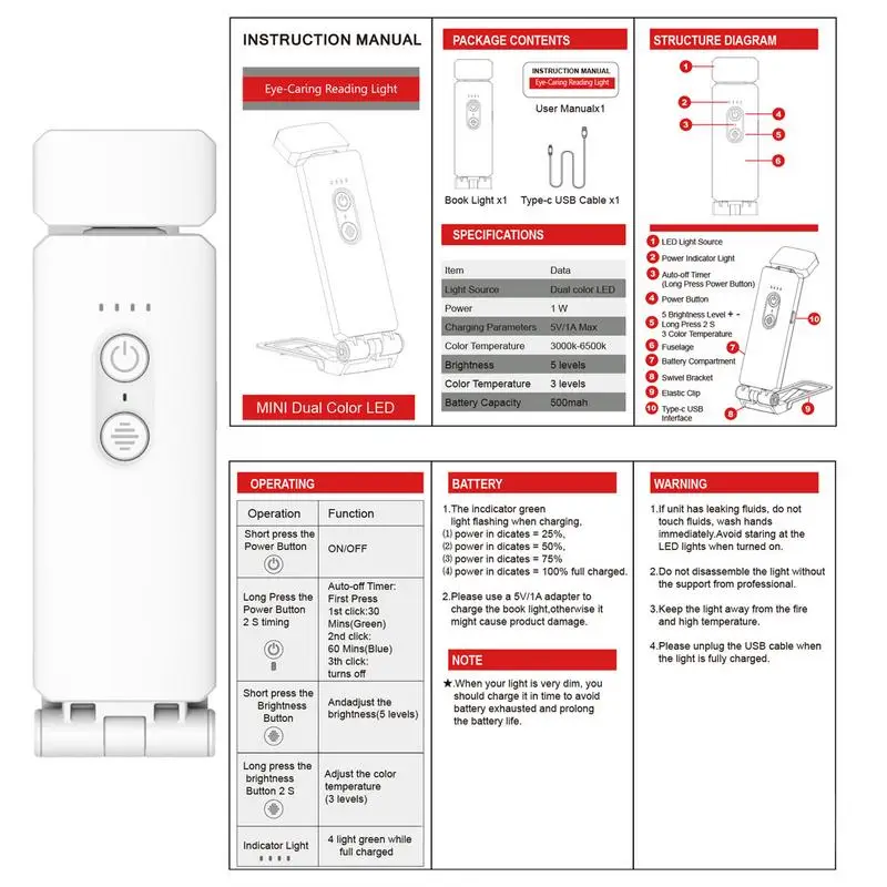 Clip-On LED Reading Light, Cartão da lâmpada, recarregável, cabeceira, Livro, Lâmpada de leitura para Dorm, Wall Mount, Lâmpada da noite, 500mAh