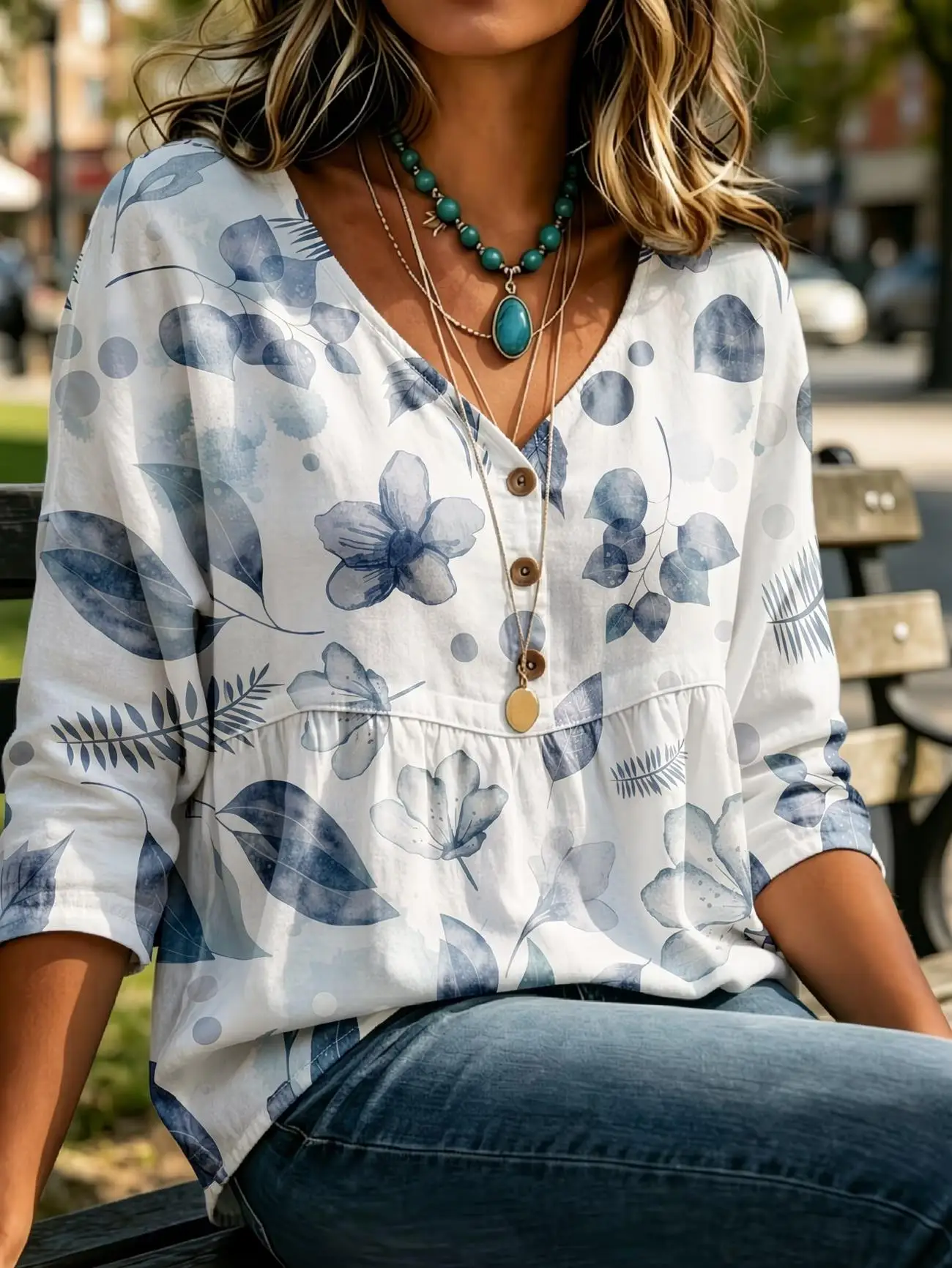 Blusa Ligera Minimalista para Mujer con Estampado de Hojas y Flores Azules con Tinta Blanca, Cuello en V, Botones y Peplum, Manga 3/4