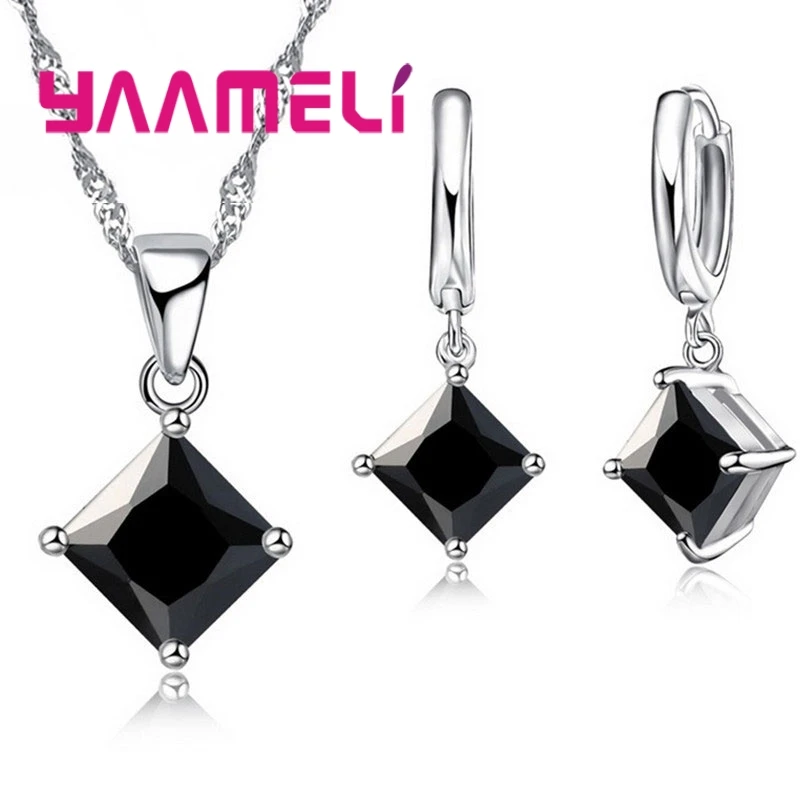 New Arrival 925 Sterling Silver Women Accessories Earrings Jewelry Set With Square Shinny CZ Necklace