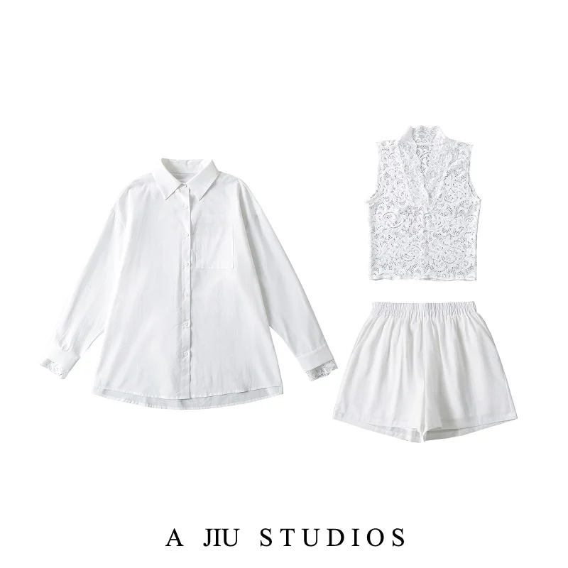 

Повседневный кружевной жилет, свободный комплект из двух частей с манжетами све на одной пуговице, поддельные белые брюки irt ort, комплект из двух предметов Pure Desire S...