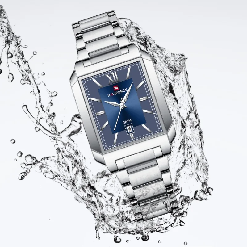 NAVIFORCE Men's Square Case Watch Stainless Steel Strap Date Display 3ATM Waterproof Luxury Business Casual Quartz Wristwatch