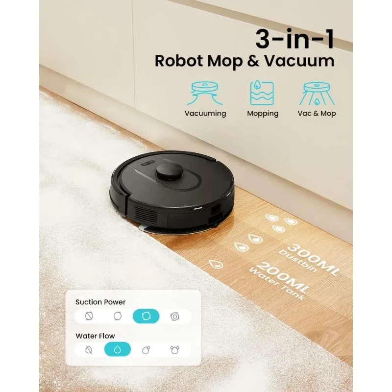 مكنسة وممسحة روبوت W11 مع تفريغ ذاتي، سعة 60 يومًا، ملاحة LiDAR، رسم خرائط منزلية، شفط 3000 باسكال، مناطق لا تذهب، روبوتية