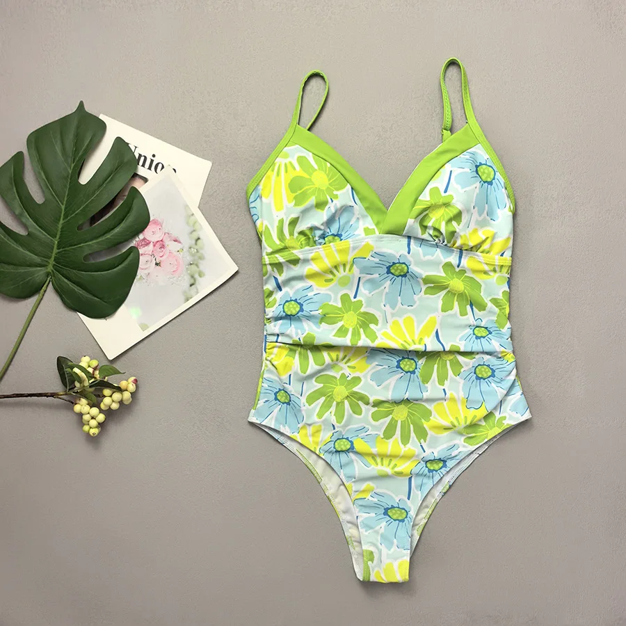 

sexy flower print deep v-neck swimsuits one piece back tie leopard bikini swimwear bodysuits women biquini bathing suits tankini