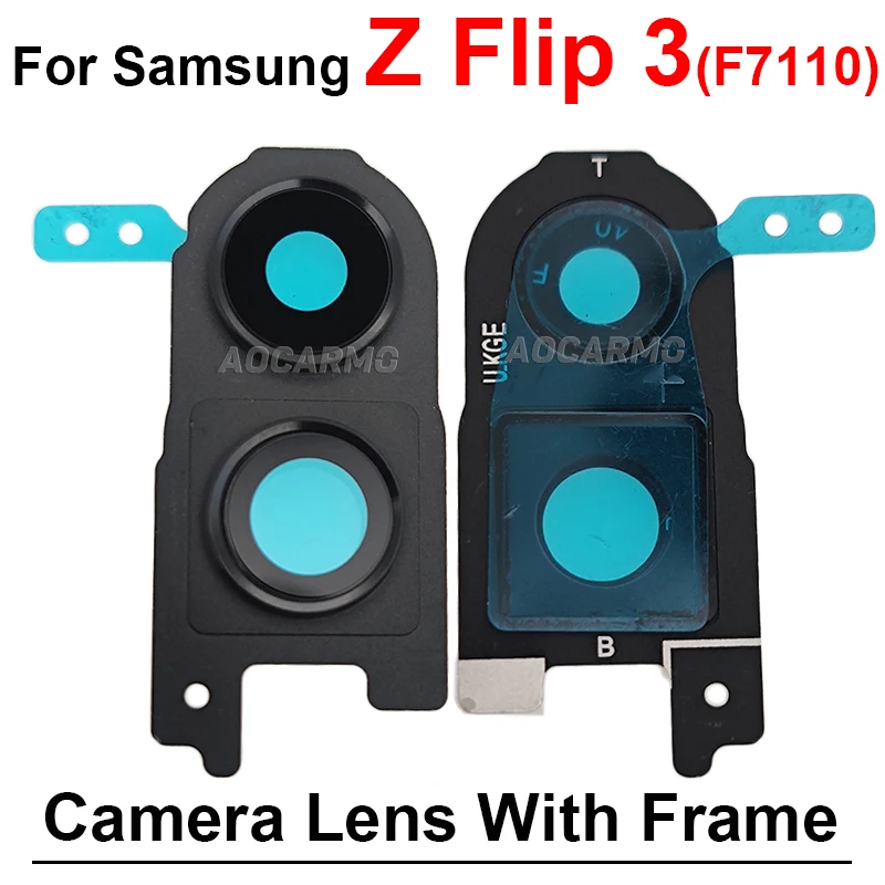Lensa kamera belakang, untuk Samsung Galaxy Z Flip 3 F7110 Flip3 hitam dengan bingkai dan bagian pengganti stiker