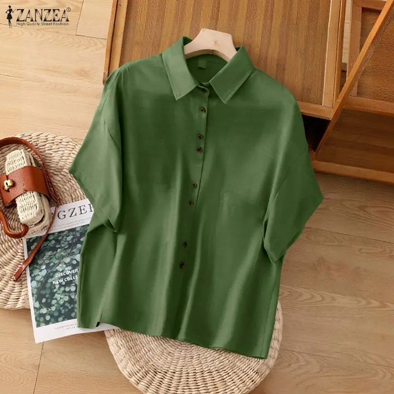 

ZANZEA Summer Women Casual Green Shirts Spring Short Sleeve Collared Button Up Black Chemise Femme Solid Color Top Woman Clothes