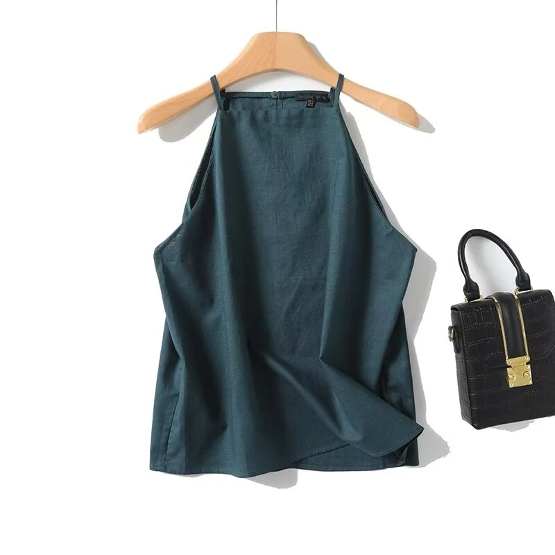 Maxdutti 2024 Commuting Lake Green Tank Top Minimalist Linen Camisole Shirt Autumn French Fashionable Blouse Women