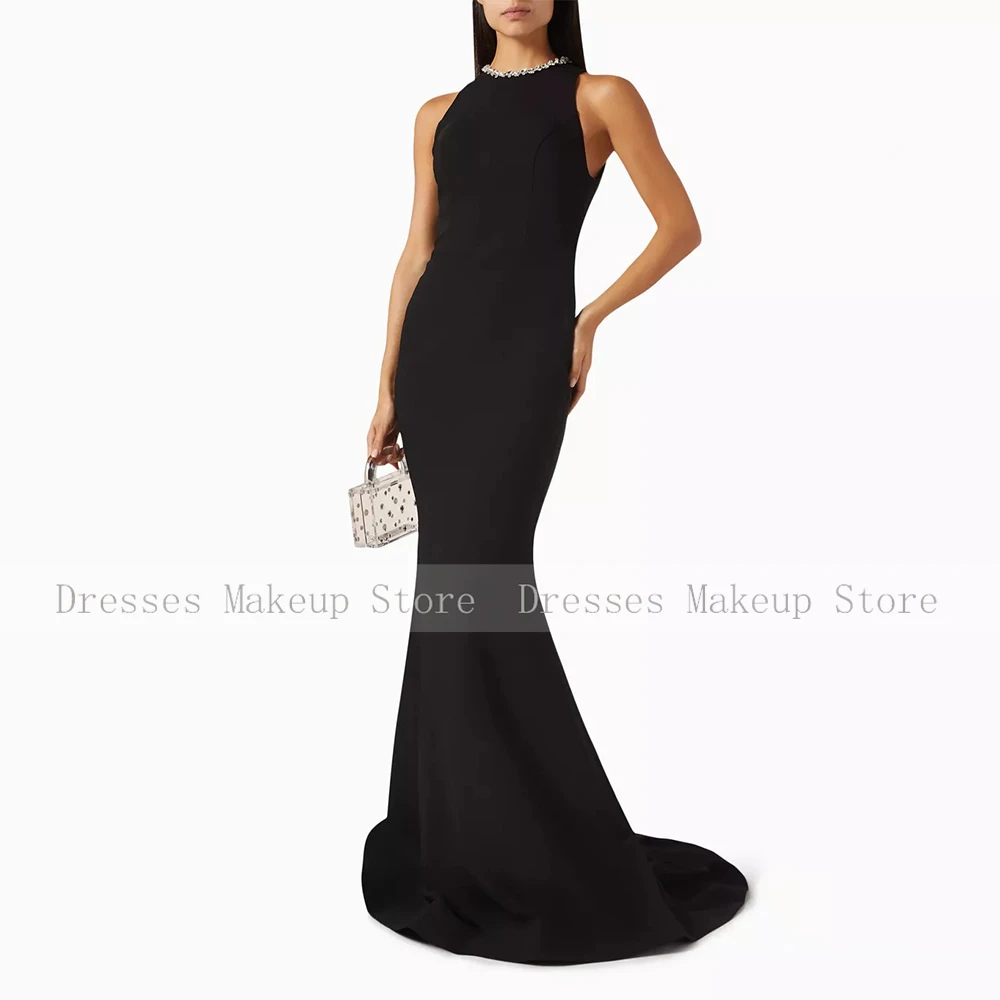 Elegant Long Beaded Evening Gowns Black Rhinestone Trumpet Sleeveless Floor Length Dresses Elegant Party Dresses for Women 2024