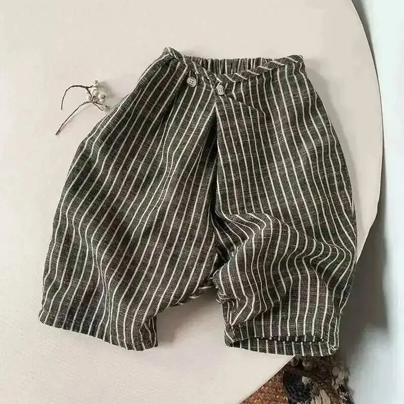 

Spring Summer Children Pants 1-8Y Boy Girls Cotton Linen Striped Ankle-length Straight Trousers Toddler Bottoms For Kids Clothes