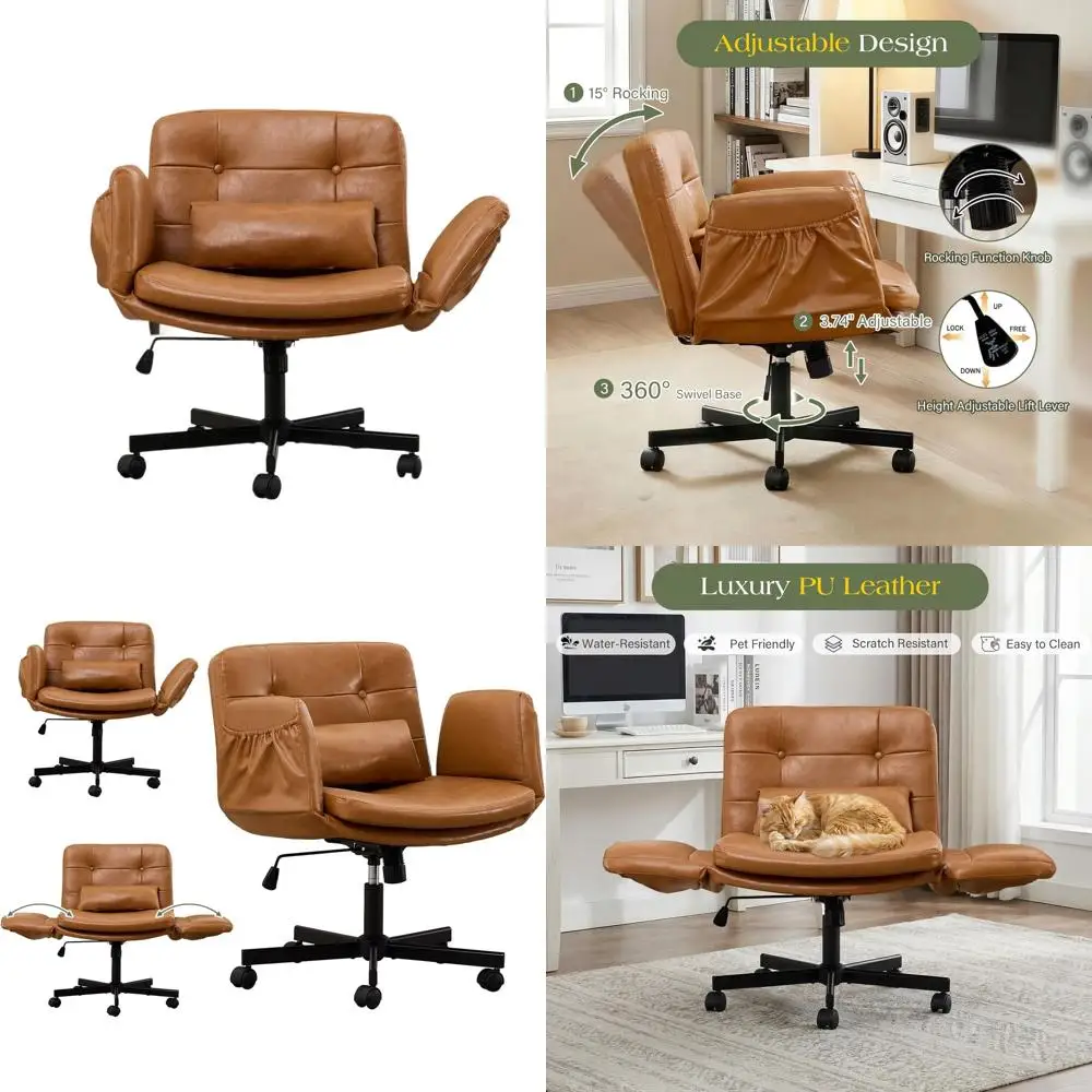 

Регулируемое офисное кресло с поворотным механизмом, колесиками и боковыми карманами для домашнего офиса (коричневое)