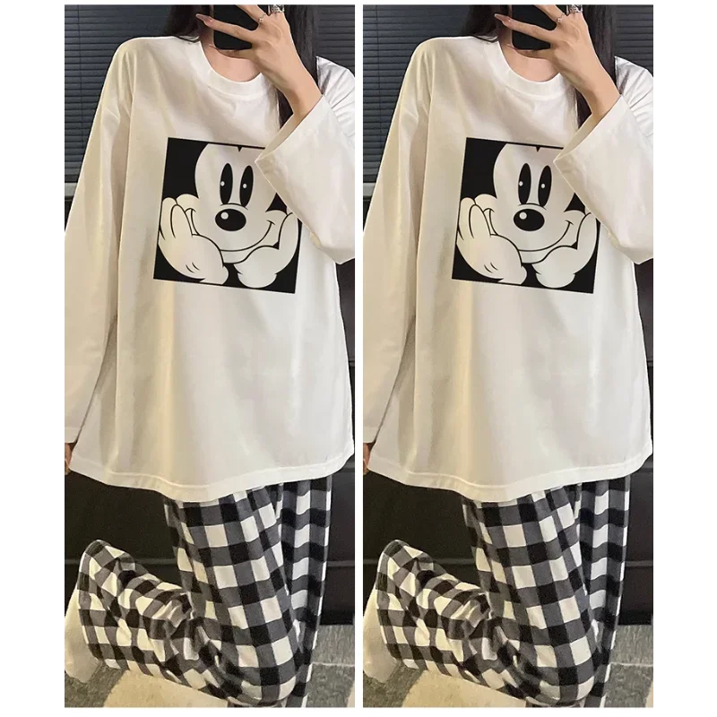 Disney Mickey cotton pajamas autumn long-sleeved trousers round neck cartoon two-piece set casual women\'s pajamas loungewear