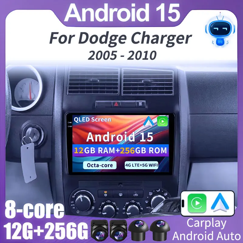 Android 15 Carplay Auto para Dodge Charger 2005-2010 para Dodge Magnum 2 2003-2007 Radio de coche 4G + 5G WIFI reproductor de vídeo navegación BT