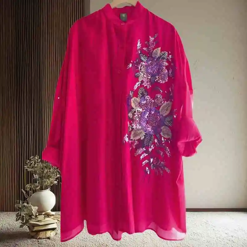 

New Chinese Style Stand Collar Single Breasted Women Spring And Summer High-End Rayon Embroidery Loose Fitting Shirt M-XL