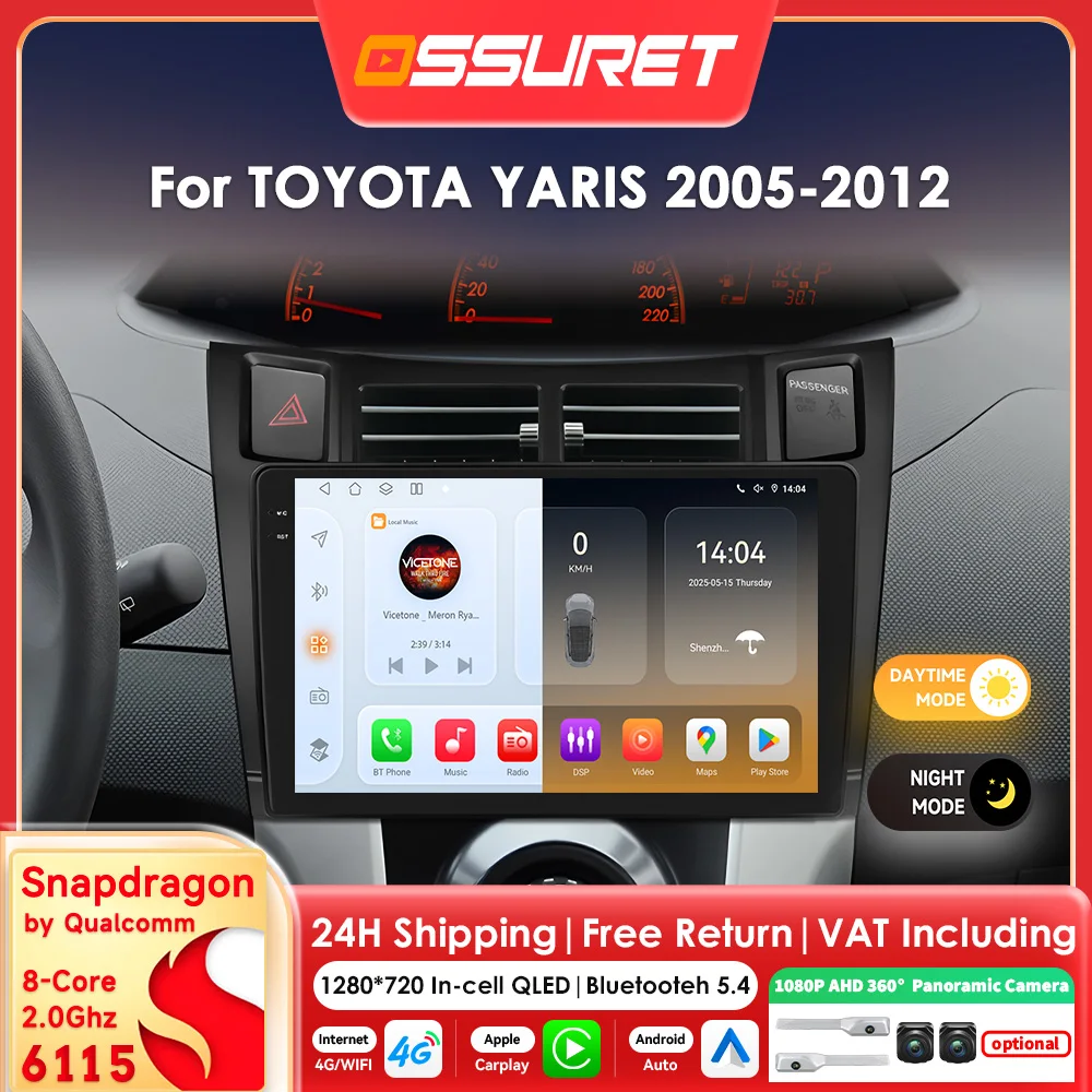 8+128G Carplay Android Autoradio für TOYOTA YARIS 2005 - 2012 Multimedia-Videoplayer 360-Kamera GPS-Navigation Stereo-Audio 9" 2DIN Bluetooth WiFi Head Unit