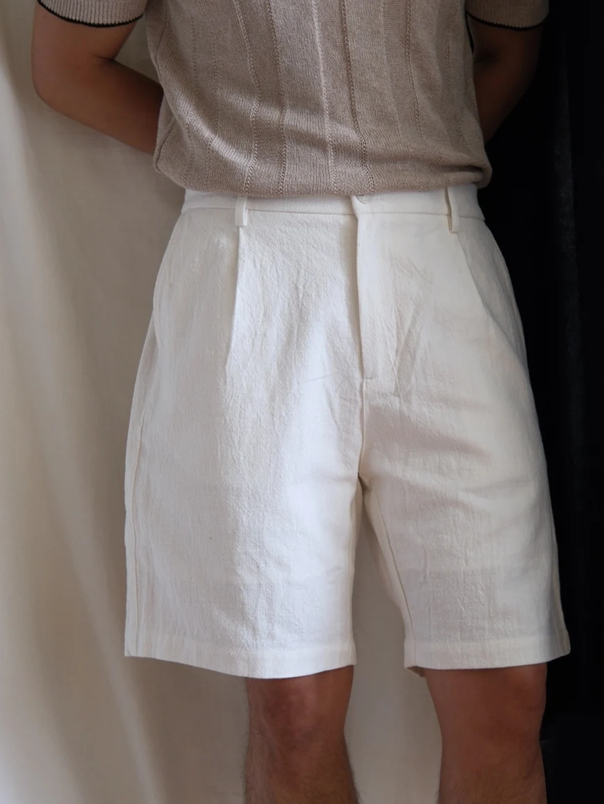 Linen Session Linen Shorts Classic American Casual Dry Single Pleat Five-Quarter Pants High Waist Cotton 85% Linen 15%