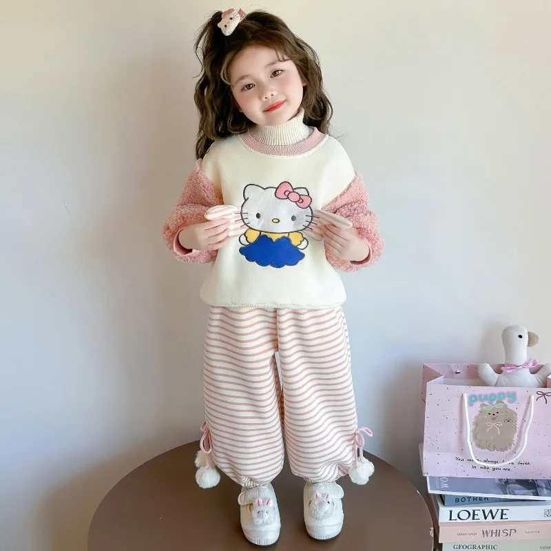 

Kawaii Hello Kitty Sanrio Children Cute Cartoon Comfortable Warm Sportswear Fleece Hoodie Trousers Christmas Gifts for Kids