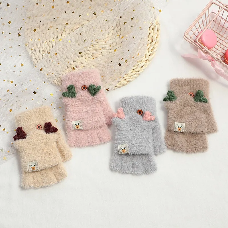 Christmas Antlers Decorative Gloves Half Finger Flip Cover Student Writing with Thick Velvet Winter Warm Cycling Gloves
