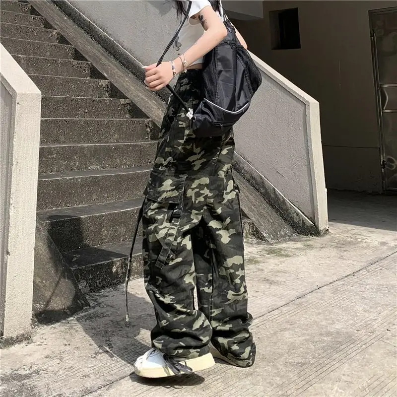 American Women Camouflage Pants Overalls Students Loose Autumn Fashion Straight High Waist Drawstring Pockets Wide Leg Trousers