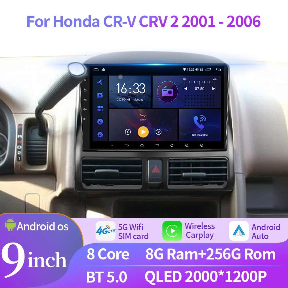 For Honda CR-V CRV 2 2001-2006 Car Radio Android Multimedia Navigation WIFI 4G GPS BT Wireless Apple Carplay Touch Screen Stereo