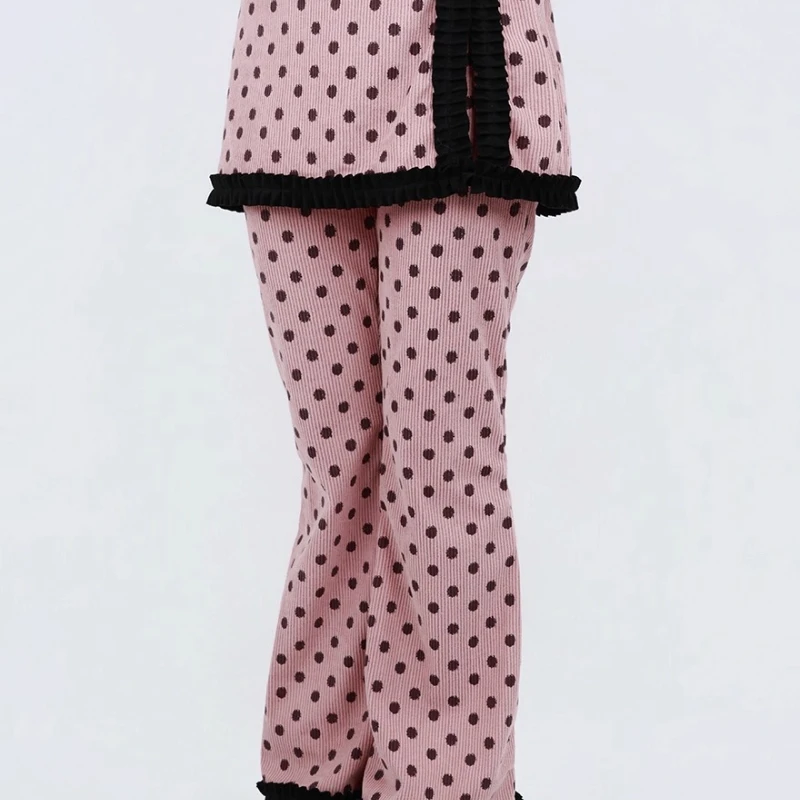 Autumn Winter New Pink Y2K Cute Polka Dot Fake Two-Piece Women's Curtain Pants Retro Design Black Lace Trim Splicing Pants Girl