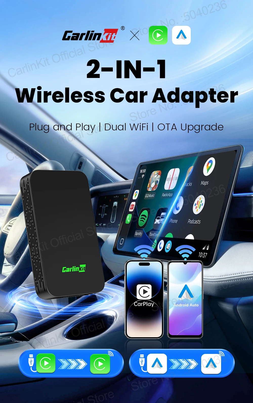 CarlinKit 5.0 C2Air 2-in-1 CarPlay Android Auto Wireless Adapter für kabelgebundene CarPlay- und Android-Auto-Fahrzeuge, Online-Upgrade, Plug & Play – Detail 1