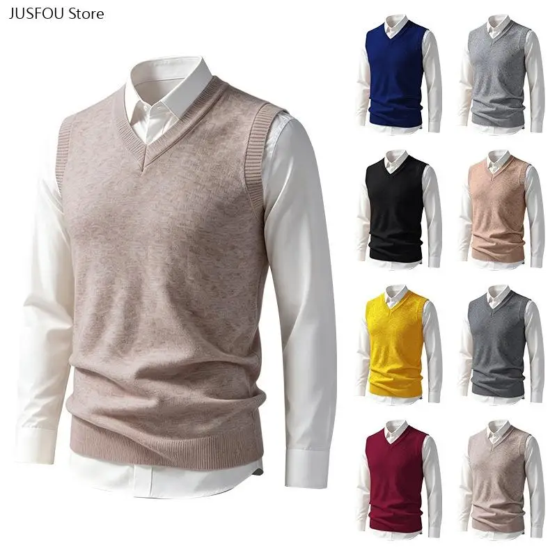 Men Autumn Winter V Neck Sleeveless Knit Vest Solid Warm Sweater Waistcoat Knitted Tank Top Casual Undershirt for Male Daily