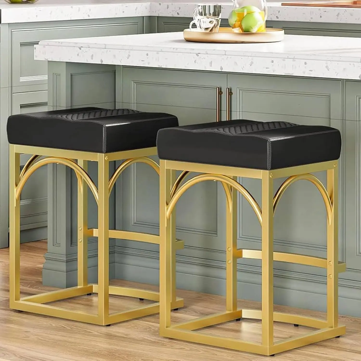 

Bar Stools, Set of 2 Bar Chair, 24.4" Counter Height Bar Stools with Curved Footrest, PU Upholstered with Metal, Customized