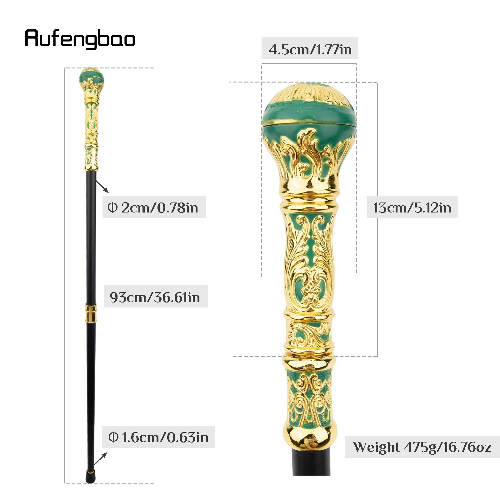 Golden Green Luxury Round  Performance Stage Cane Decorative Stick Decorative Cane Halloween For Cosplay & Party