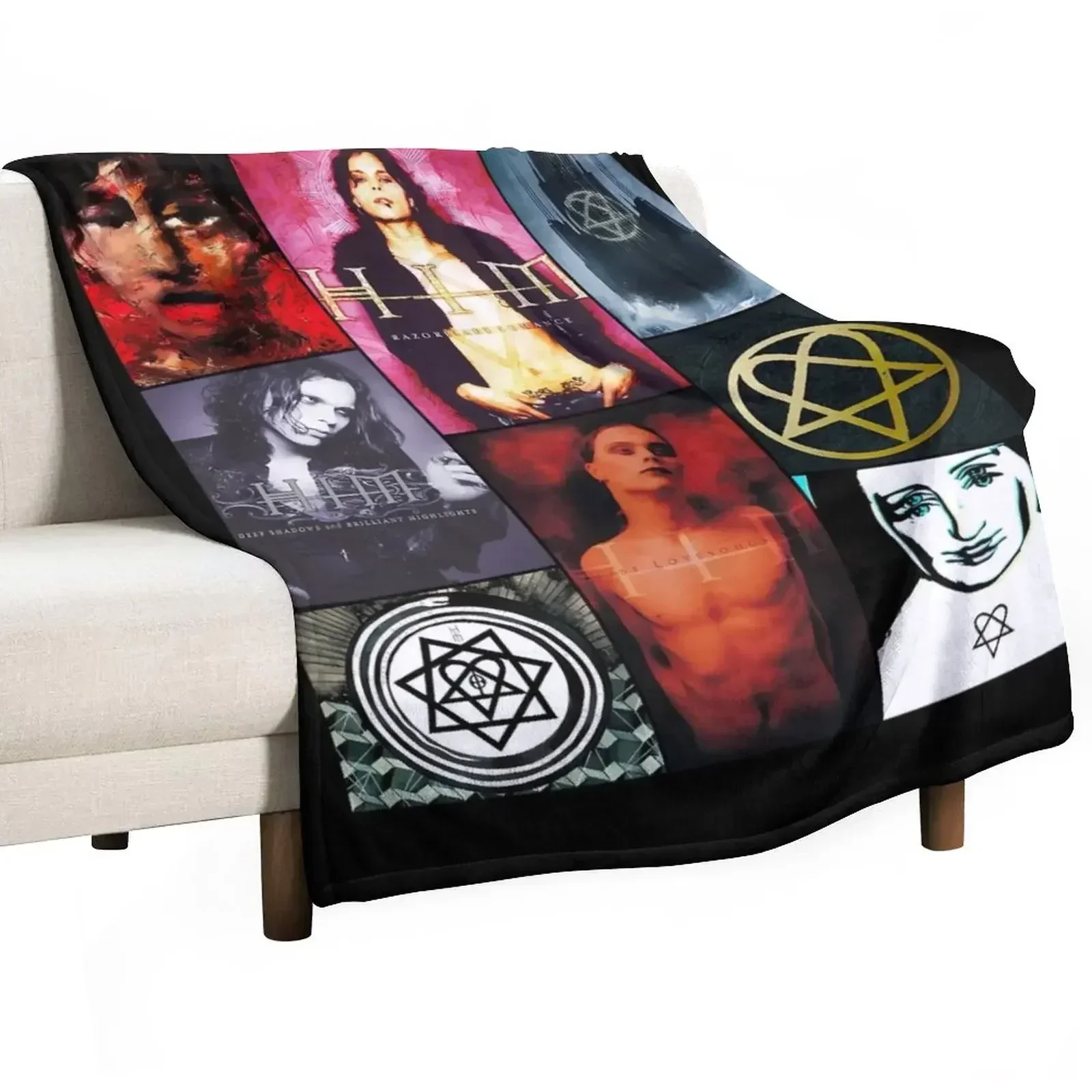 

Him Band Album Cover Collage Heartagram Ville Valo Cover Throw Blanket Hair wednesday Picnic Blankets