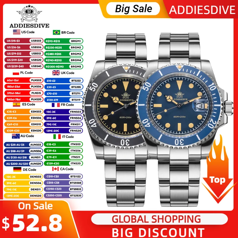 ADDIESDIVE Men's Watches Ceramic Bezel 316 Stainless Steel Quartz Watch 41MM C3 Luminous 200m Waterproof Diving Wristwatch