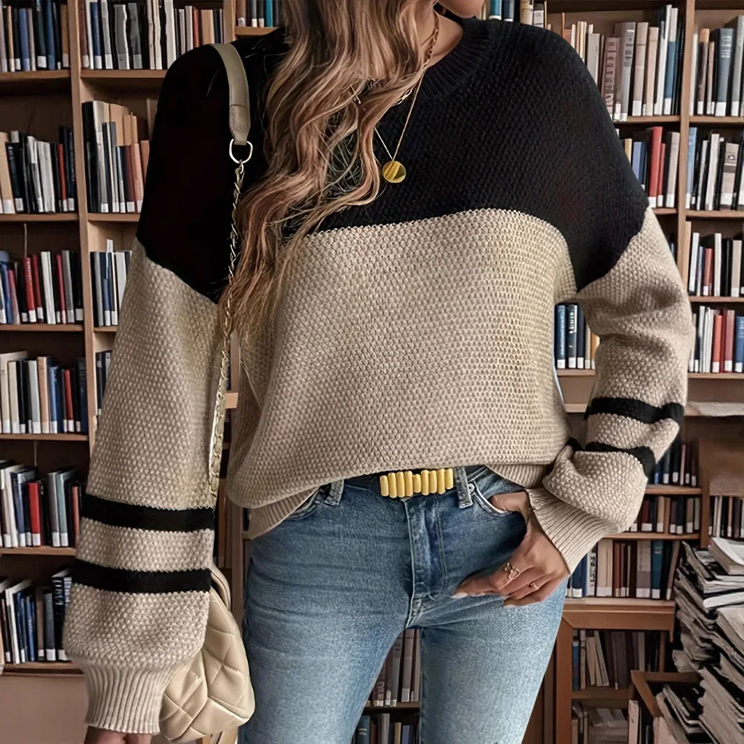 

Women Spliced Knitted Pullovers Jumpers Sweaters Patchwork O Neck Long Sleeves Loose Y2k Office Lady Casual 2025 Autumn Winter