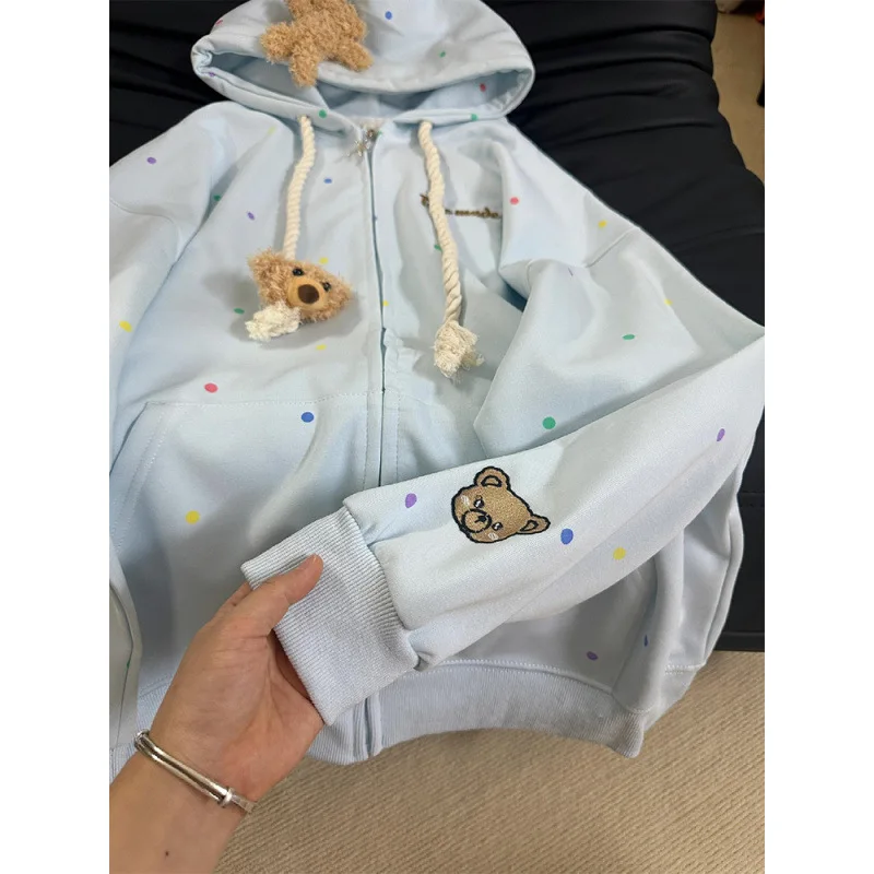 Cute bear embroidered polka-dot hooded cardigan sweater women loose light blue lazy zipper coat in autumn and winter. hoodies