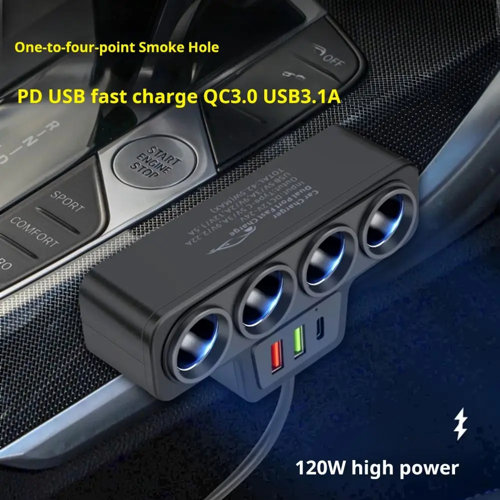 Car Charger 3 USB Ports QC3.0 And PD 3.1A 120W 4-Socket Built-in Safety Wire Fast Charging Car Ignitor Splitter for Cars SUVs