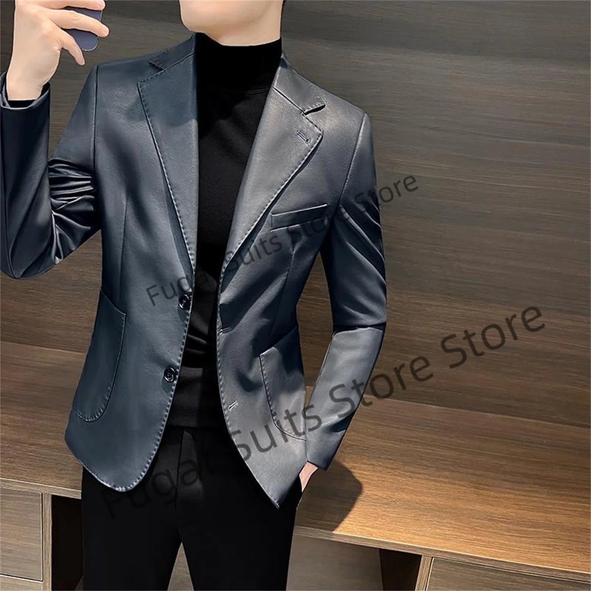 Black Leather Fashion Suits For Men Slim Fit Notched Lapel Groom Tuxedos Formal 2 Pieces Sets Business Male Blazer Costume Homme