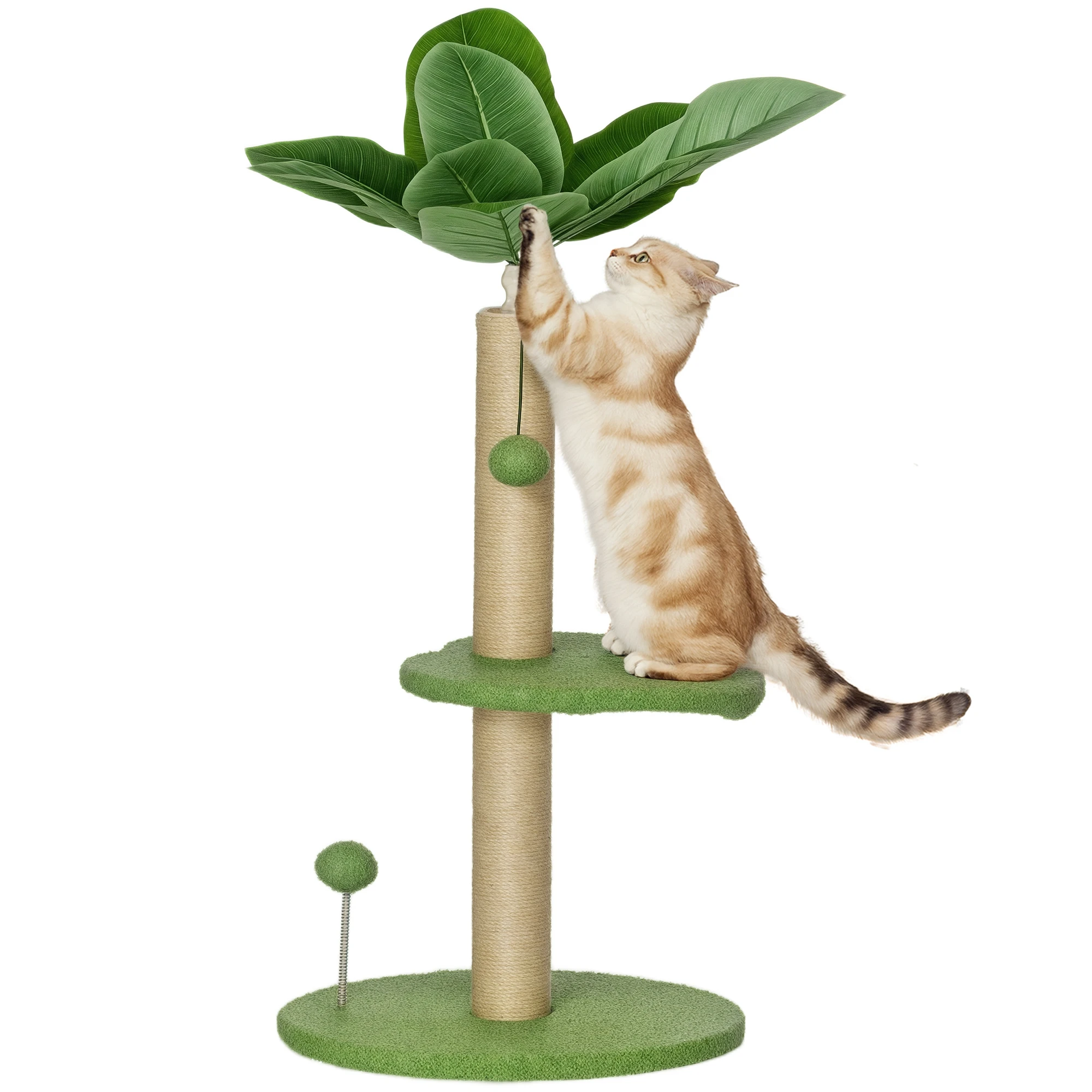 PawHut Arbre à chat arbre à grimper pour chat centre d'activités hauteur 83 cm avec griffoir en jute, balles jouets, plates-formes en peluche - vert