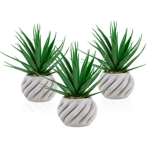 Çiçekmisin 3 Pcs Curved Concrete Pots Green Artificial Cactus Aloevera