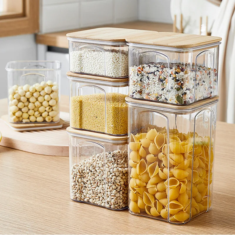 PET Plastic Food Storage Container with Bamboo Lid Sealed Jar Noodle Box Multigrain Tank Bottle Dried Fruit Tea Storage Box