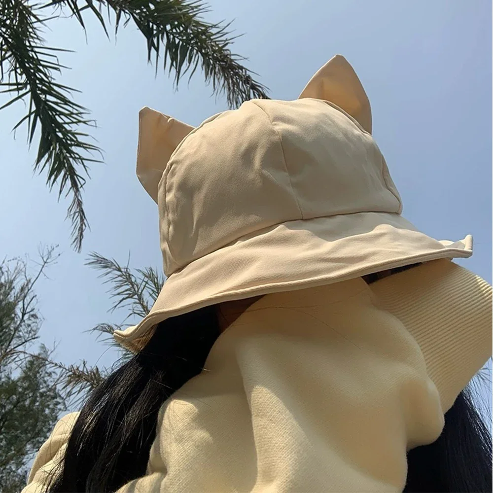 Bucket Hat Women Cute Cat Ear Fisherman Cap Autumn Winter Hats For Women Korean Fashion Design Casual Cartoon Windproof Warm