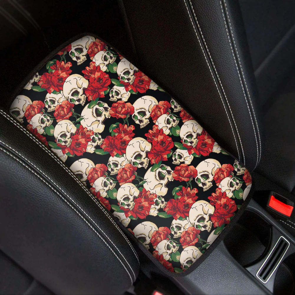 Universal Car Interior Cushion Gothic Floral Skull Design Center Console Cover Pad Car Armrest Cover Mat Automobiles Armrest Pad