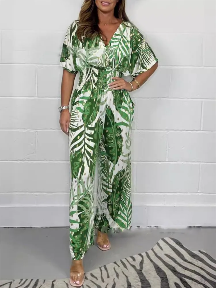 

Fashion Print Jumpsuit For Women Casual V-Neck High Waist Wide Leg Pants Jumpsuits Lady Boho Holiday Womens Clothing Summer New