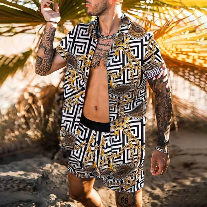 New Digital Printed Men\'s Hawaiian Suit Fashion Summer Short Sleeve Button Shirt Beach Shorts Casual Men\'s Suit S-3XL