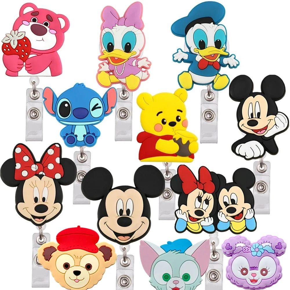 MINISO Cartoon Stitch Mickey Mouse Women Mens Students Nurse Doctor Badge Reel Clips Keychains Brooches For Name Card Holders